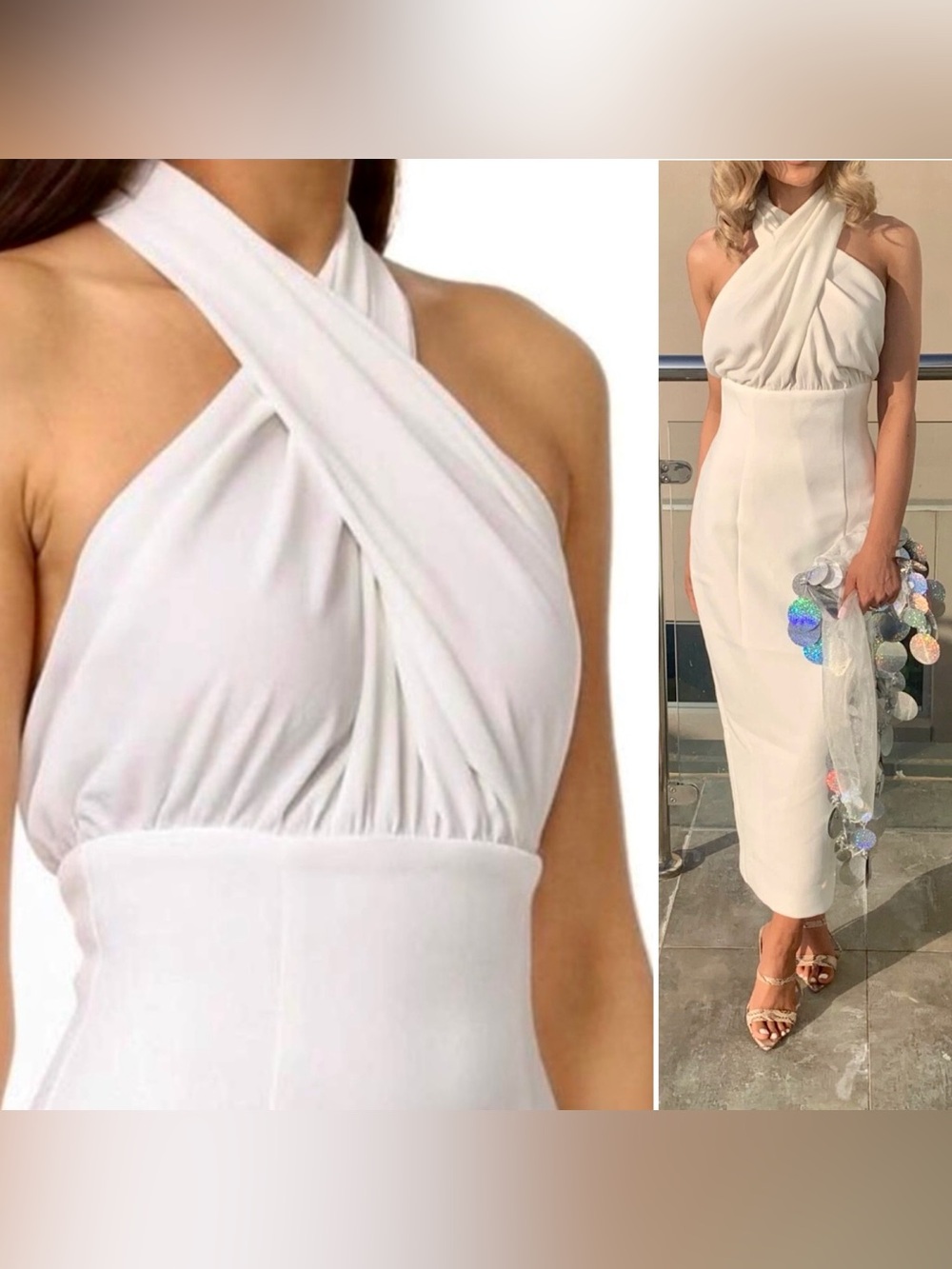 Misha Collection Vedette White Twist Halter Midi Dress Bridal Open Back Medium M